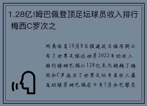 1.28亿!姆巴佩登顶足坛球员收入排行 梅西C罗次之